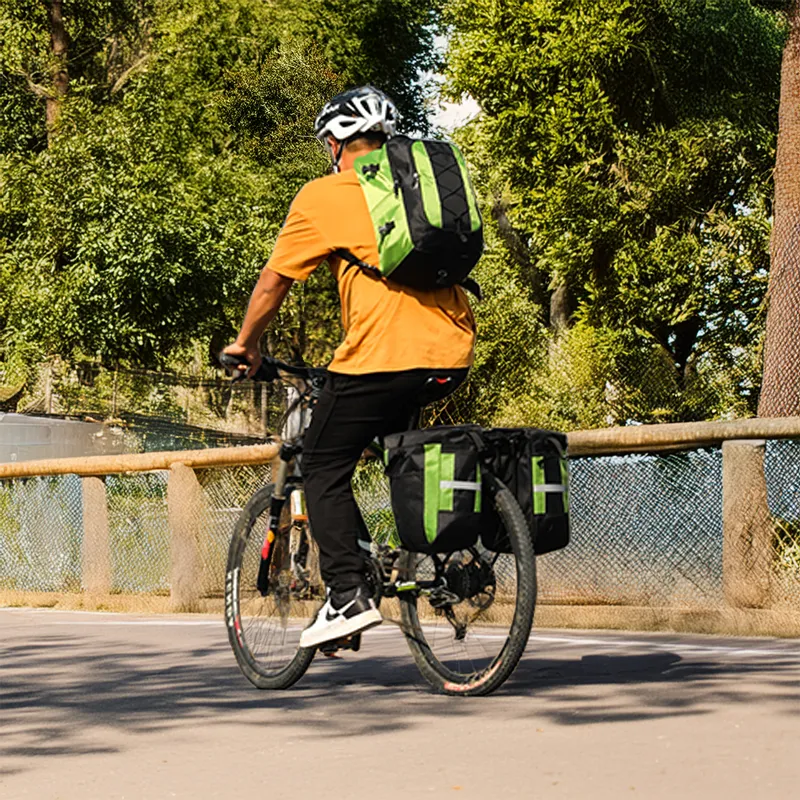 bike backpack with panner bags on bicycle