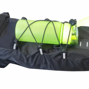 image showing a water bottle held in place with saddle bags cargo net