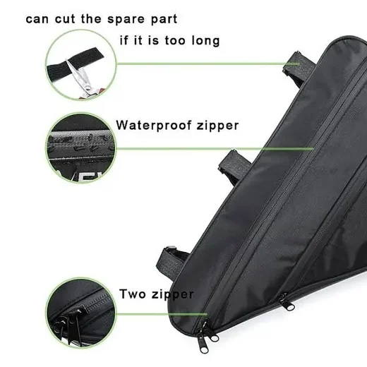 Black cycling frame bag showing zipper detail, dual zip pulls and adjustable strap trim guid