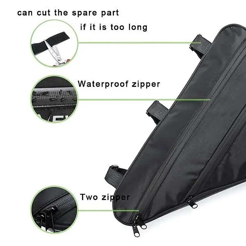 Black cycling frame bag showing zipper detail, dual zip pulls and adjustable strap trim guid