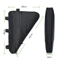 Black cycling frame bag with 30 cm top length, 40 cm height, 45 cm lower edge and 6 cm width shown