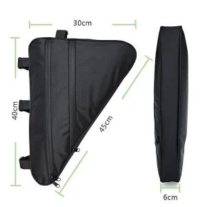 Black cycling frame bag with 30 cm top length, 40 cm height, 45 cm lower edge and 6 cm width shown