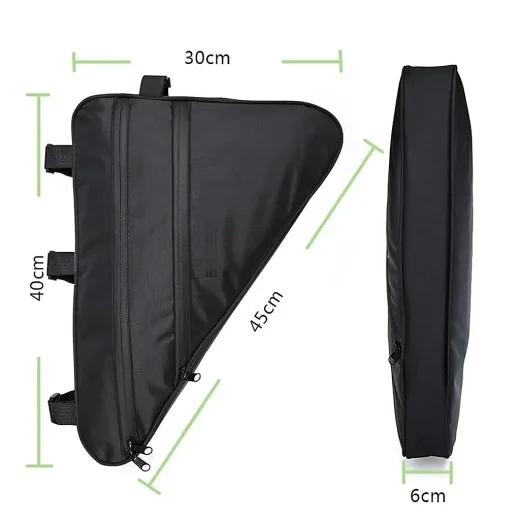Black cycling frame bag with 30 cm top length, 40 cm height, 45 cm lower edge and 6 cm width shown