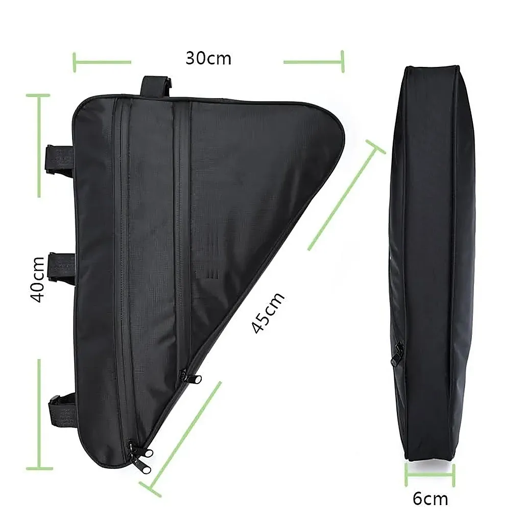 Black cycling frame bag with 30 cm top length, 40 cm height, 45 cm lower edge and 6 cm width shown