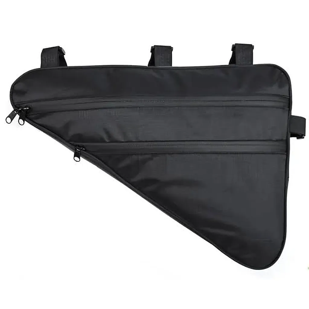 black cycling frame bag with triangle shape, dual zips and Velcro frame straps on white background
