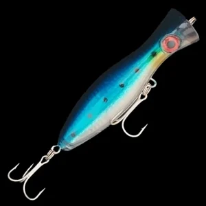 Blue fishing popper lure side shot