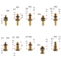 Brake bleed adaptor size diagram showing M4, M5, M6 and M7 threads with shoulder and reach measurements