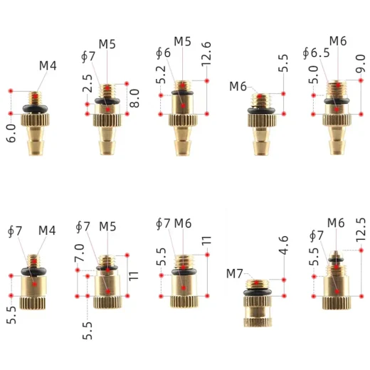 Brake bleed adaptor size diagram showing M4, M5, M6 and M7 threads with shoulder and reach measurements