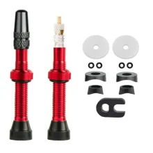 Red Tubeless Valve Set 40mm Presta Alloy – Includes Mounting Kit, Spacers and Valve Core Tool