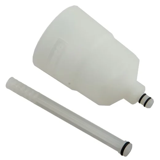 Translucent bike brake bleed funnel with removable stopper and sealing O-rings