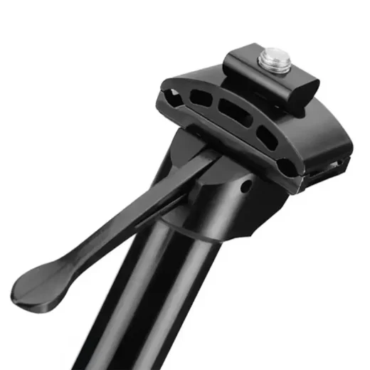 Close-up of black 30.9mm dropper post head with under-saddle manual lever and seat rail clamp