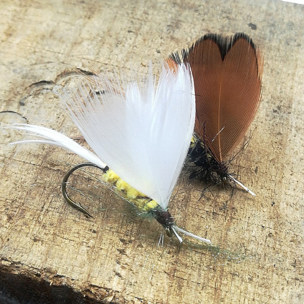 White and brown fishing flies