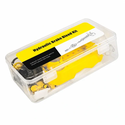 Aftermarket Shimano Brake Bleed Kit in a clear storage case with yellow label