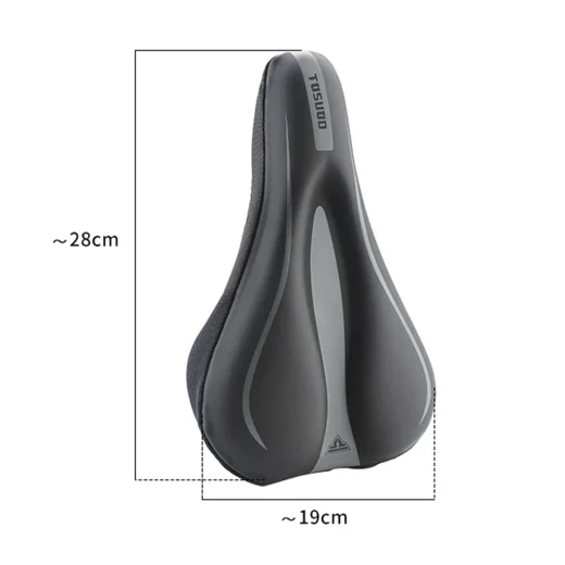 Black gel bike seat cover size guide showing approximate length and width measurements