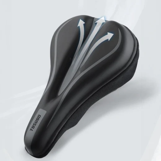 Black gel bike seat cover with centre breathable gap and airflow arrows for improved riding comfort