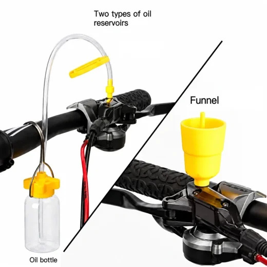 Example brake lever connections using a hanging bleed bottle and yellow funnel