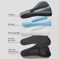 Gel bike seat cover layer diagram showing PU layer, silica gel, memory sponge and anti-slip underside