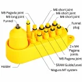 Yellow funnel and adapter holder with labelled M4, M5, M6, Magura and SRAM fittings