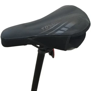 siliscon gel saddle cover mounted on bike seat angled from side top view