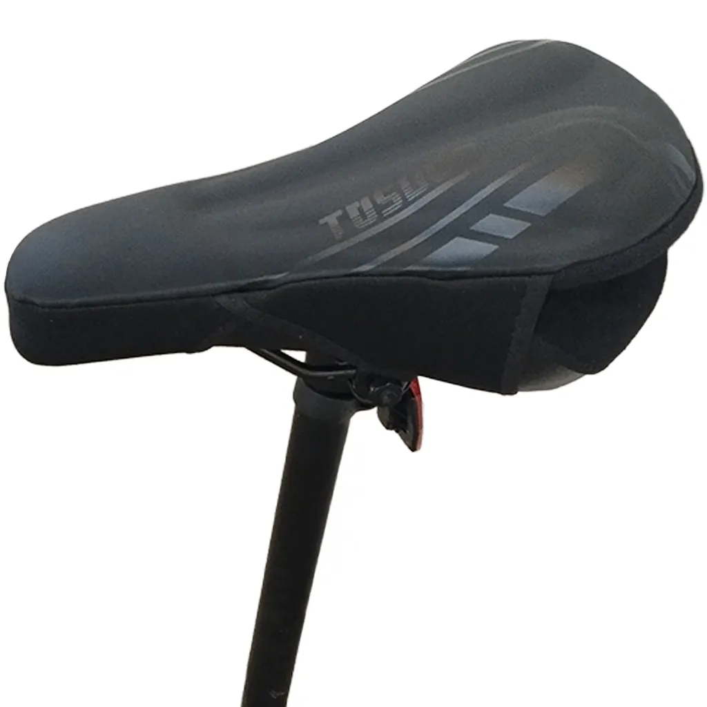 siliscon gel saddle cover mounted on bike seat angled from side top view