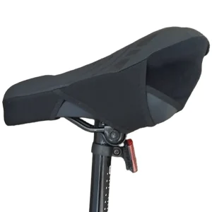 siliscon gel seat cover mounted on bike seat angled from bottom view