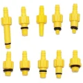 Assorted yellow nylon brake bleed adapters with hose connections and black sealing rings