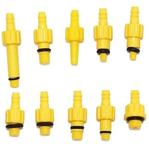 Assorted yellow nylon brake bleed adapters with hose connections and black sealing rings
