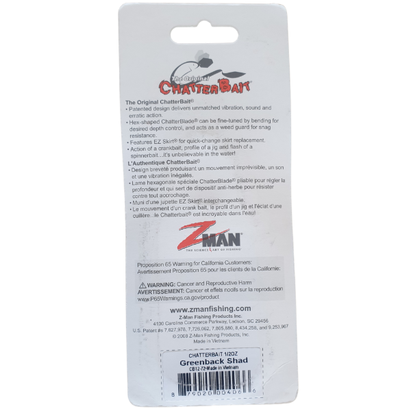 Greenback Shad CB12-72 Chatter Bait Z-Man Rear packaged view
