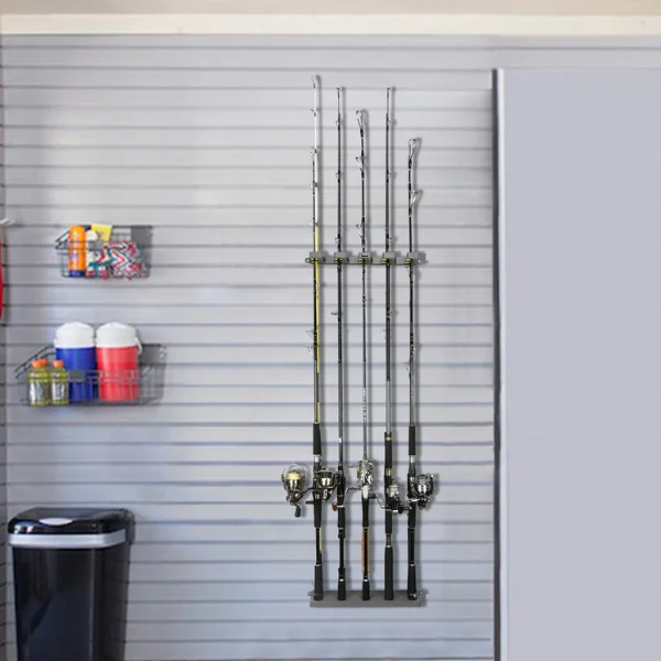 Ten Fishing rods mounted to a wall