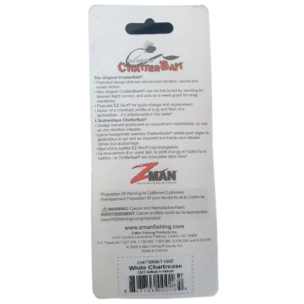 White Chartreuse CB12 16 Chatter Bait Z Man Rear packaged view