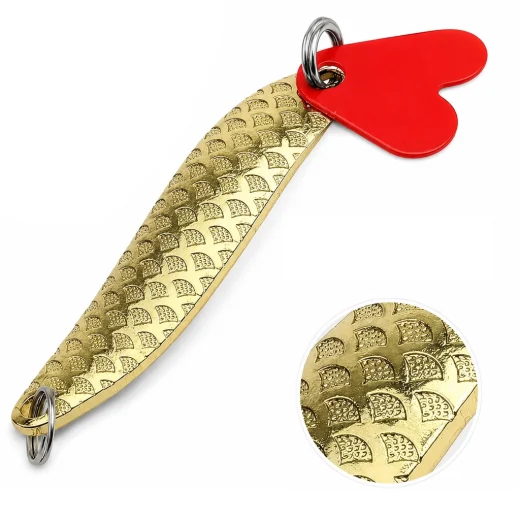 Gold textured trout spoon lure with split rings and red attractor tab