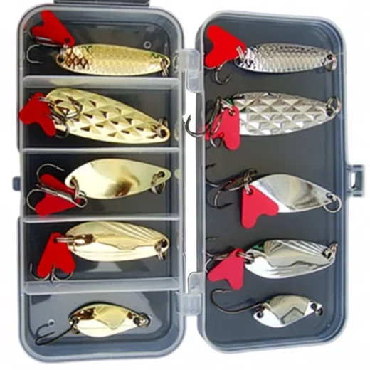 Open tackle box showing a 10 piece gold and silver trout lures set with red attractor tabs