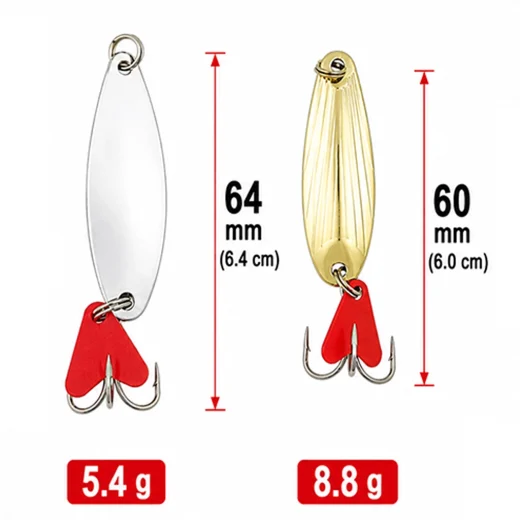 Silver and gold trout spoon lures showing 64 mm and 60 mm lengths with 5.4 g and 8.8 g weights
