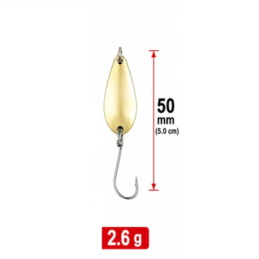 Small gold trout spoon lure with single hook, 50 mm length and 2.6 g weight