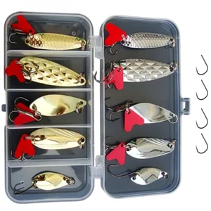 Trout Lures Set Suckerme TLS10PC-1 10 Pack Gold and Silver Spoon Lures with Storage Box and 4 Barbless Hooks