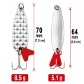 Two silver trout spoon lures showing 70 mm and 64 mm lengths with 8.5 g and 5.1 g weights