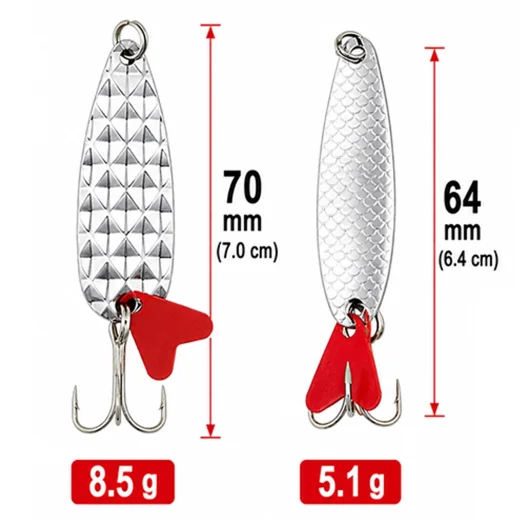 Two silver trout spoon lures showing 70 mm and 64 mm lengths with 8.5 g and 5.1 g weights