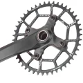 angled shot of 52 teeth chain ring on bike crank