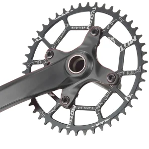 angled shot of 52 teeth chain ring on bike crank