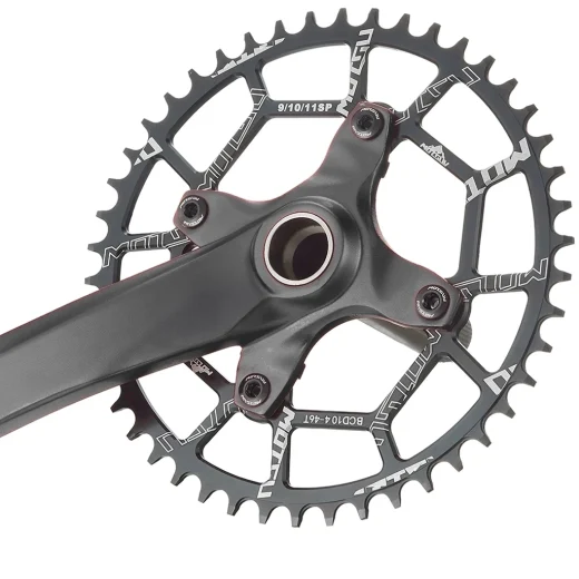 angled shot of 52 teeth chain ring on bike crank