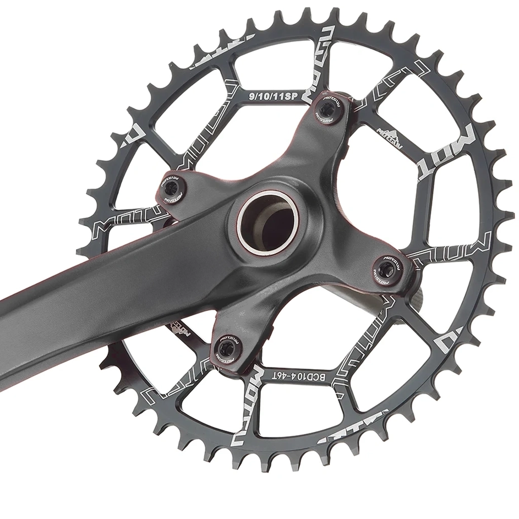 angled shot of 52 teeth chain ring on bike crank