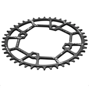 angled shot of black 52 teeth bike chain ring
