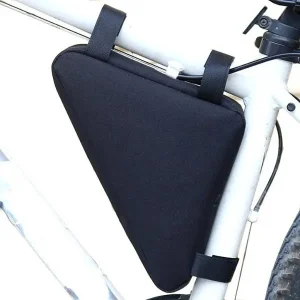 Adsports black bicycle frame bag fitted to a white bike frame with top zip and three Velcro straps