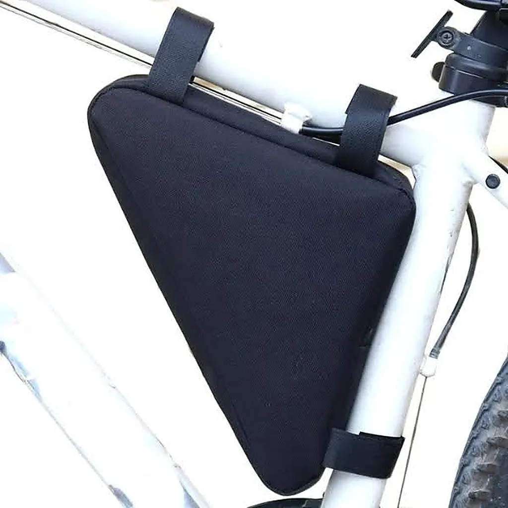 Adsports black bicycle frame bag fitted to a white bike frame with top zip and three Velcro straps