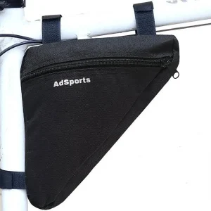 Black triangular bicycle frame bag mounted under the top tube on a white bike frame