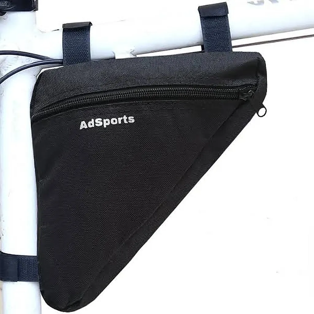 Black triangular bicycle frame bag mounted under the top tube on a white bike frame
