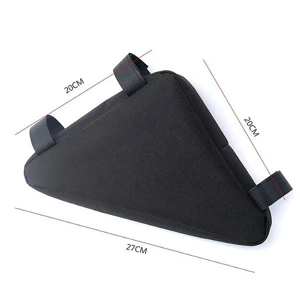 Black triangular bicycle frame bag with 20 cm side measurements and 27 cm lower edge shown