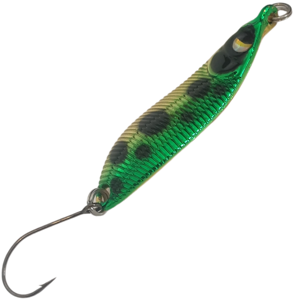 green and yellow trout lure with black spots