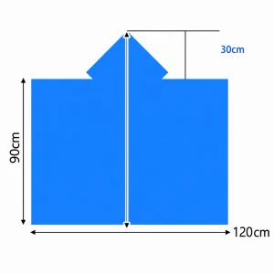 Emergency rain poncho size diagram showing 90 cm body height, 120 cm width, and 30 cm hood section