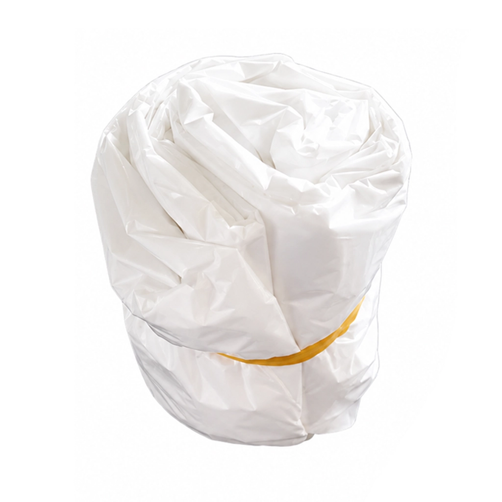 White emergency rain poncho folded into a compact roll for storage